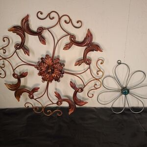 Metal Floral Wall Decor Set Brown Silver Antique Finish 18in & 11in Hanging
